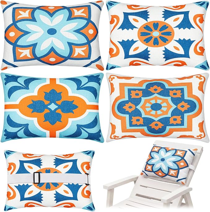 Juexica 4 Pack Chaise Lounge Headrest Pillow, Decorative Outdoor Patio Neck Headrest Pillow with Adjustable Elastic Strap & Insert, Waterproof for Pool Recliner Beach Hammock Chair (Orange, Floral)