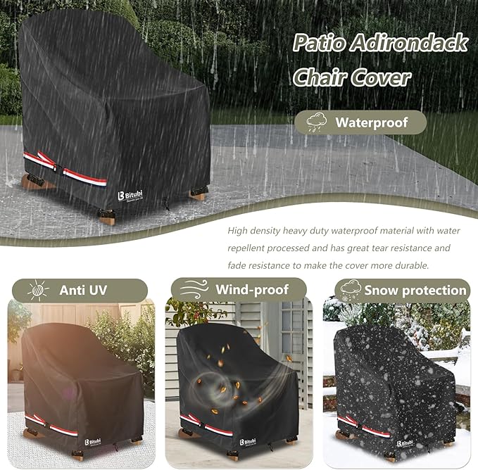 Bitubi Waterproof 2 Pack Patio Adirondack Chair Cover for Outdoor Chair Size Up to 35W x 37D x 36H inch,Outdoor Lawn Patio Furniture Covers (Black)