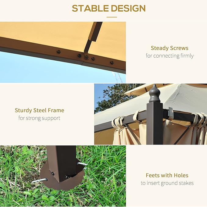 Outsunny 10' x 10' Steel Outdoor Patio Gazebo with Polyester Privacy Curtains, Two-Tier Roof for Air, Large Design