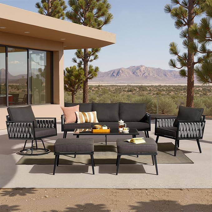 Weaxty Modern Patio Furniture Set 6 Piece, Rope Outdoor Patio Conversation Sets Sectional Sofa Swivel Chairs Table Ottoman, All Weather Metal Balcony Furniture for Backyard Garden, Black