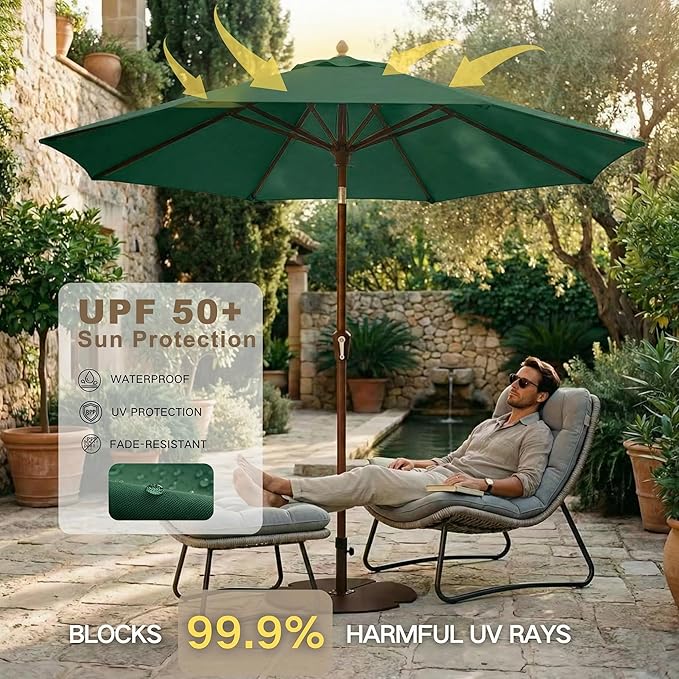 Kingdura 9FT Outdoor Patio Umbrella, Market Table Umbrella with Push Button Tilt and Crank, 8 Sturdy Fiberglass Ribs, UV Protection for Pool, Lawn, Deck, Backyard, Garden (Dark green)