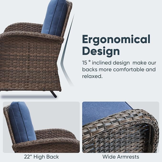 Belord 5 Piece Outdoor Conversation Patio Furniture Set - All-Weather Wicker Patio Rocking Chairs with Loveseat Glider Chair and Coffee Table for Patio Deck Porch Backyard Blue Cushion