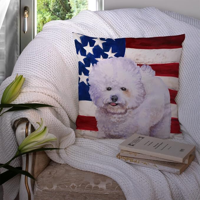Caroline's Treasures BB9648PW1414 Bichon Frise Patriotic Fabric Decorative Pillow Machine Washable, Indoor Outdoor Decorative Pillow for Couch, Bed or Patio, 14Hx14W
