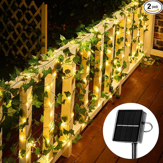 Solar String Lights, 2 Packs Total 66Ft 200 LED Fairy Lights with Ivy | Twinkle Solar Powered Outdoor Lights Plant Vine for Camping Outside Garden Yard Fence Wall Wedding Christmas Warm White