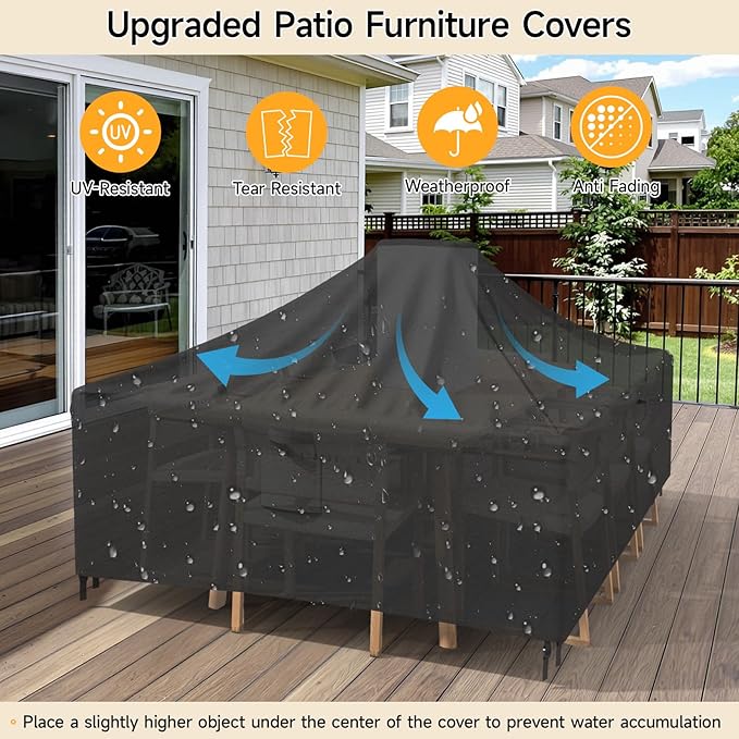 ONBRILL Patio Furniture Set Covers, 128 × 84 × 28 inch Outdoor Furniture Set Covers Waterproof, 600D Heavy Duty Oxford Patio Table Cover with Windproof Buckles for Patio Table and Chair Set, Black