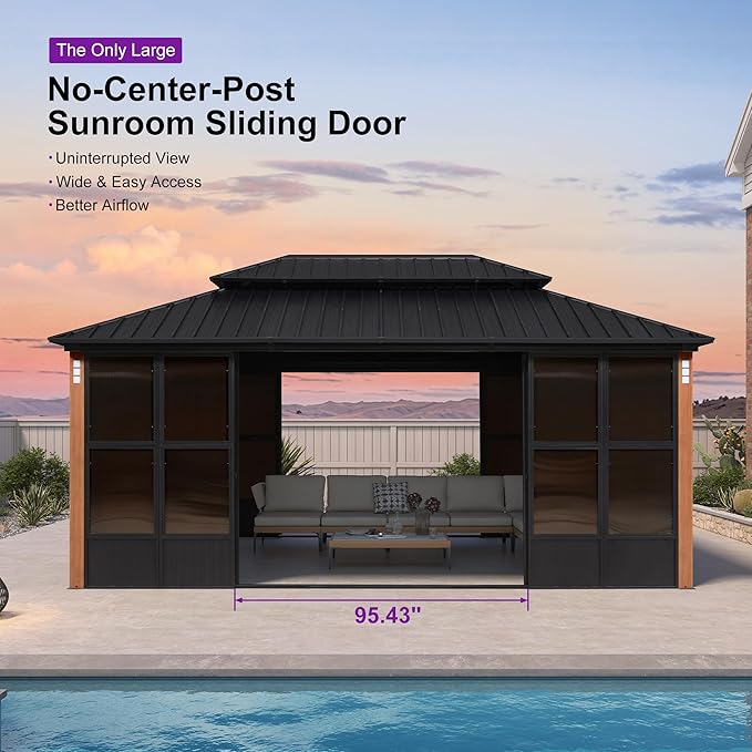 PURPLE LEAF Hardtop Gazebo Sunroom 12' x 18', Enclosed Patio Solarium with Mesh & Removable PC Panels, Magnetic Sliding Doors Outdoor Living Space for Backyard Lounge, Dining & Spa and 36 Solar Lights