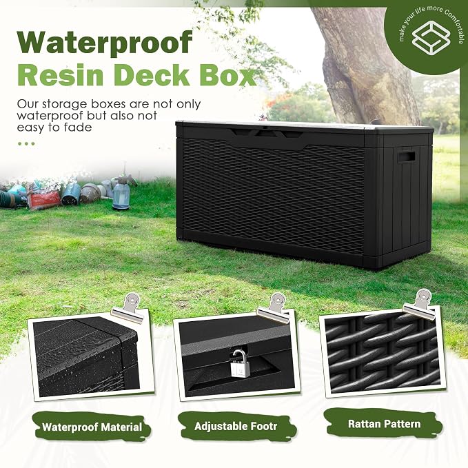 Homall 100 Gallon Deck Box Large Resin Waterproof Outdoor Storage Box with Padlock and Built-in Handles Storage Container for Cushions, Toys and Garden Tools (Black)