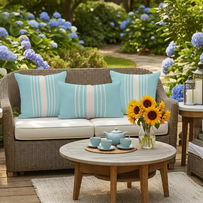 Aqua Beige Striped Outdoor Pillow Covers 20x12 Inch Lumbar Pillow Covers Set of 2 Waterproof Decorative Throw Pillow Cases Modern Farmhouse Retro Lines Cushion Covers for Patio Furniture Garden Couch