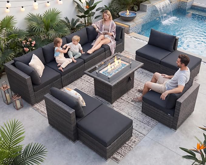 NICESOUL 11 Piece Outdoor Furniture Set with Firepit, Luxury Big 10-Person Patio Sectional, Chill 29.3'' High-Back Backyard Seating Area, All-Weather Rattan Couch Set for Outside, Deck, Dark Grey