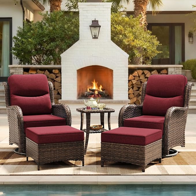 HILLGA 5-Piece Luxury Patio Furniture Set with 6" Thick Cushions, Weather-Resistant Wicker High Back Swivel Rocker Chairs, Senior-Friendly Conversation Set for Small Porch and Deck, Burgundy(V2)