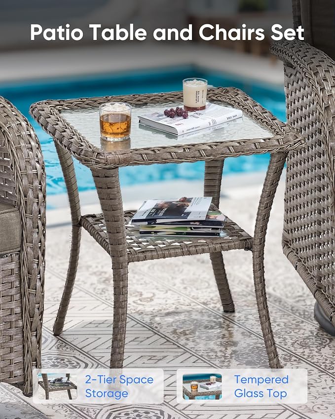 5 Pieces Outdoor Wicker Patio Furniture Set-High Back Outdoor Rocking Chairs Set of 2 with Ottoman Patio Conversation Sets for Deck Lawn Porch Balcony Poolside-Grey/Grey