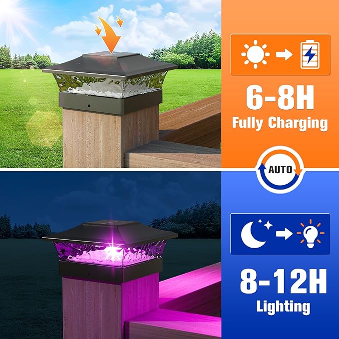 APONUO Solar Post Cap Lights with 8 RGB Solid Colors & Multicolor Flow - 4 Pack 6x6 Post Cap Solar Light, IP65 Waterproof - Fits 4x4 5x5 6x6 Wood & Vinyl Posts - Black