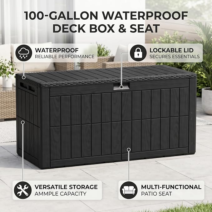 100 Gallon Outdoor Storage Box, Water Proof Resin Deck Box with Lockable Lid, Patio Furniture Storage Container for Cushions, Pool Accessories, Garden Tools, Black
