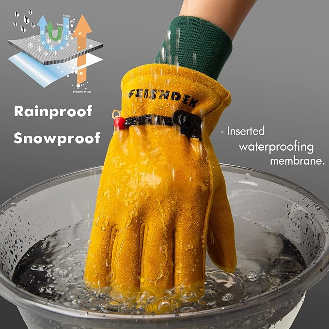 Kids Waterproof Winter Work Gloves, Insulated Warm Windproof (Age 5-7, M) | Soft Deerskin Suede Leather, Elastic Cuff, Adjustable Band, 4 Size Choosable Kids Cold Weather Gloves for Children Toddler