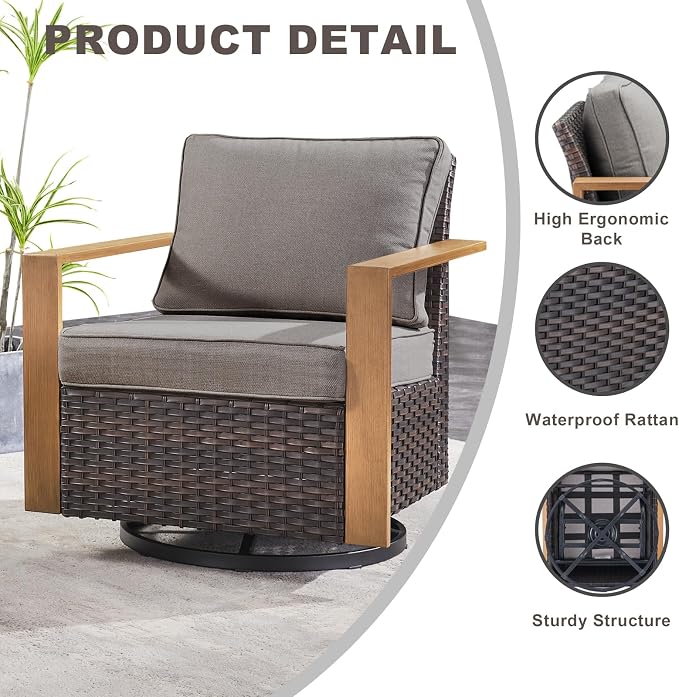 Outdoor Patio Swivel Rocker Chairs - 3 Piece Wicker Patio Furniture Bistro Set with 2 Swivel Rocking Chairs and 1 Metal Side Table,Thick Cushions,Deep Seating for Deck Porch Garden(Brown/Grey)