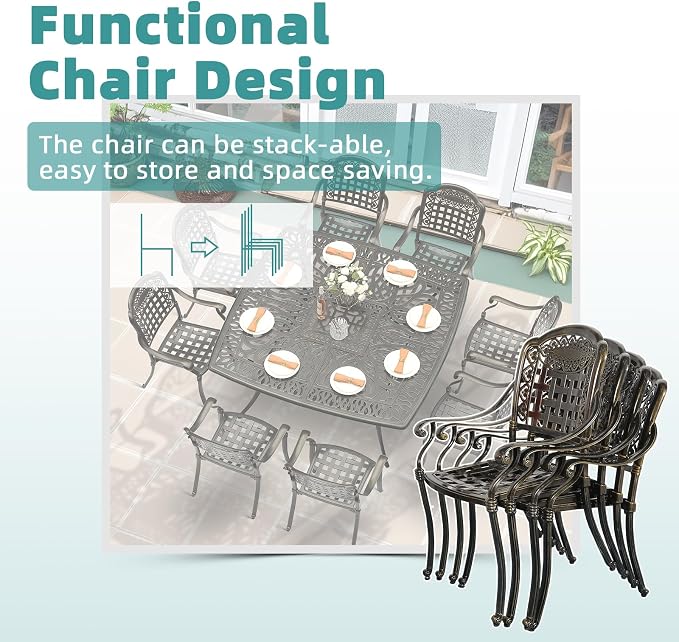 MEETWARM 9-Piece Outdoor Furniture Dining Set for 8, All Weather Cast Aluminum Patio Dining Set- Large 64" Square Table with Umbrella Hole, 8 Cushioned Chairs, Patio Table and Chairs Set, Ocean Blue