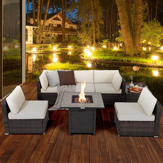 Tangkula 7 Piece Patio Furniture Set with Fire Pit Table, Patiojoy Outdoor PE Wicker Conversation Sectional Sofa Set with 30 Inches 50,000 BTU Propane Fire Pit Table, Waterproof PVC Cover (Off White)