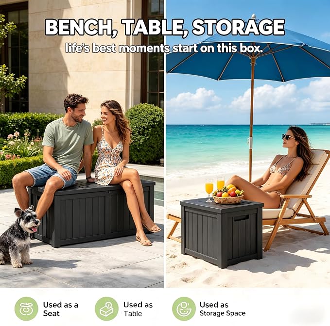 155 Gallon Outdoor Deck Storage Box, Large Waterproof Resin Patio Storage Box, Lockable Bench Seat Holds 2 Adults, for Garden Tools, Cushions & Pool Floats, UV & Rust Resistant, Black