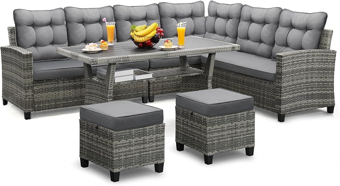 KROFEM 6 Piece Patio Furniture Set, Dining and Conversation Set, Grey | UV Treated Wicker, Machine Washable Cushions, Seats 7, 2 Ottomans, 3 Sofa Section, Dining Table, Rustproof Frame