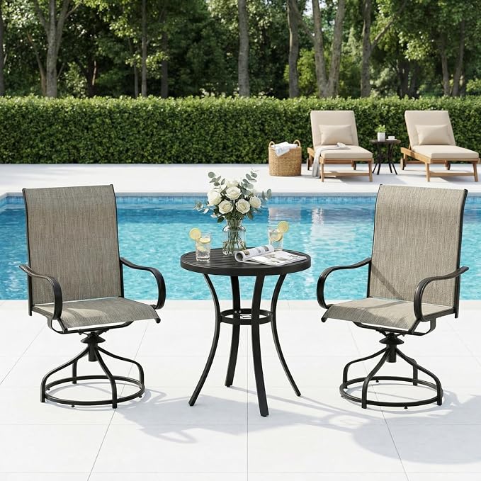 TLSUNNY 3 Piece Patio Dining Set for 2, Outdoor Table and Chairs W/1.57"-1.8" Adjustable Umbrella Hole & Foot Pads, 27.6" Round Metal Table and Patio 360° Swivel Chair, Rocking not Included (Brown)