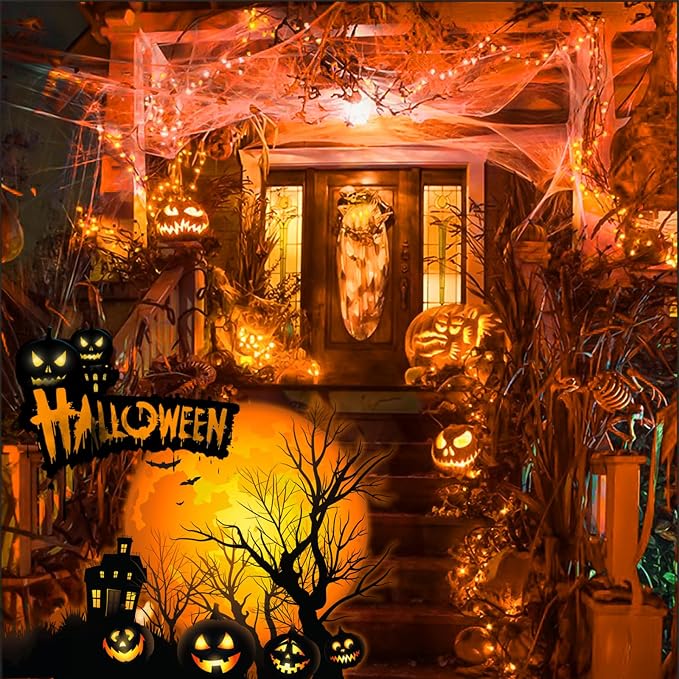 Orange Halloween String Lights Outdoor 100LED Battery Operated Fairy Lights with Waterproof Remote Timer for Garden Party Holiday Thanksgiving Day Halloween Décor