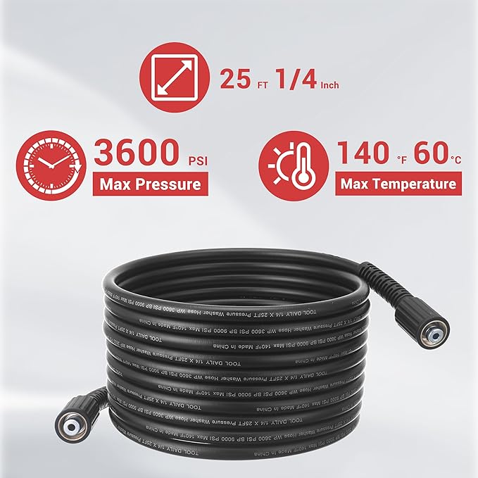 Tool Daily Pressure Washer Gun and Hose Kit, 25 FT Power Washer Hose and Replacement Wand Extension, 5 Nozzle Tips, M22-14 Fitting, 3600 PSI