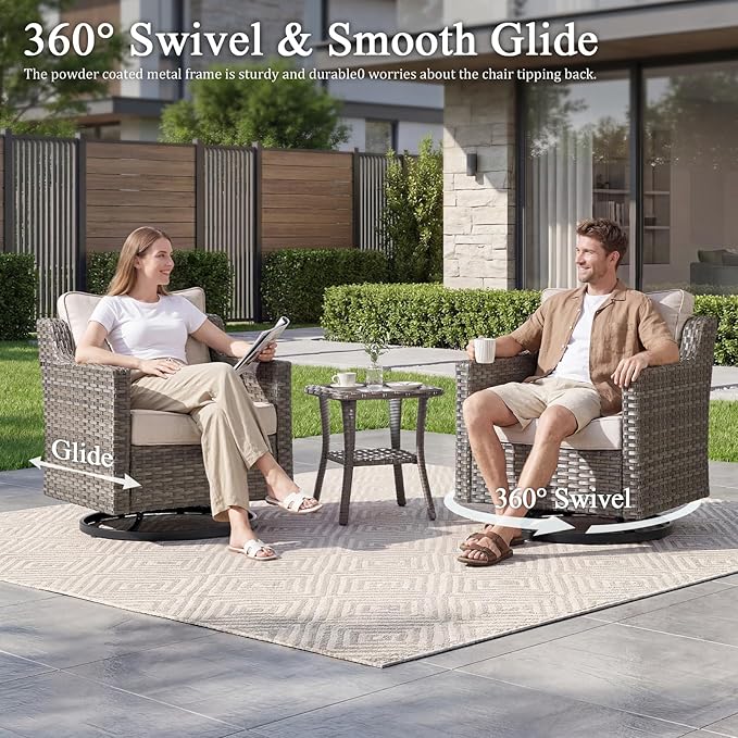 Luxury Patio Furniture Fire Pit Table Set - 5 Pieces All Weather Wicker Outdoor Couch and High Back Swivel Rocker Patio Chairs with fire pit for Deck Yard and Poolside Gray Wicker | Beige Cushions