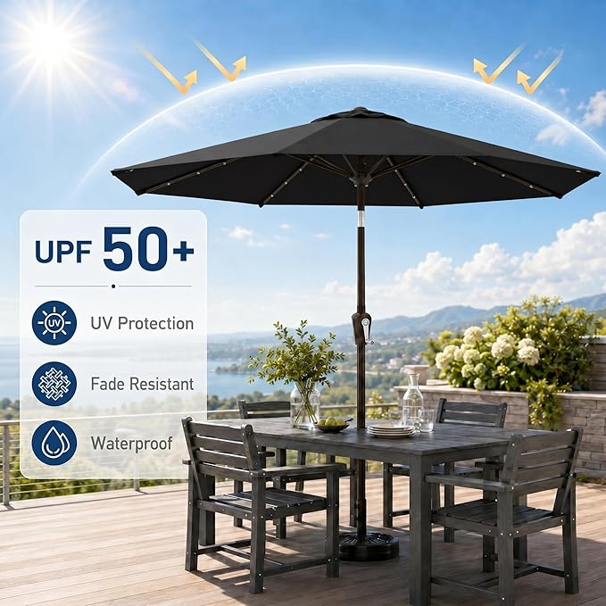 11FT Solar Patio Umbrella with Lights, Outdoor Table Market Umbrella with 32 LED Lights, 8 Sturdy Ribs, Smooth Crank Lift for Pool, Deck and Garden, UV-Resistant