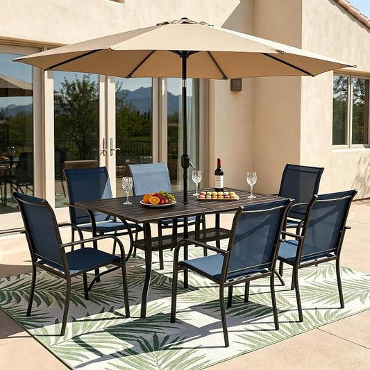 Crownland 7 Piece Patio Dining Set, Outdoor Textilene Dining Sets, 6 Textilene Metal Chairs and Rectangular Outdoor Dining Table with Khaki 9FT Round Outdoor Umbrella (Blue)