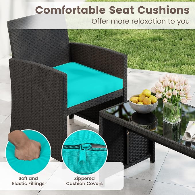HAPPYGRILL 4 Piece Rattan Wicker Patio Conversation Set, Outdoor Furniture with Chair Loveseat Table & Cushion, for Backyard Porch Balcony (2, Black & Turquoise)