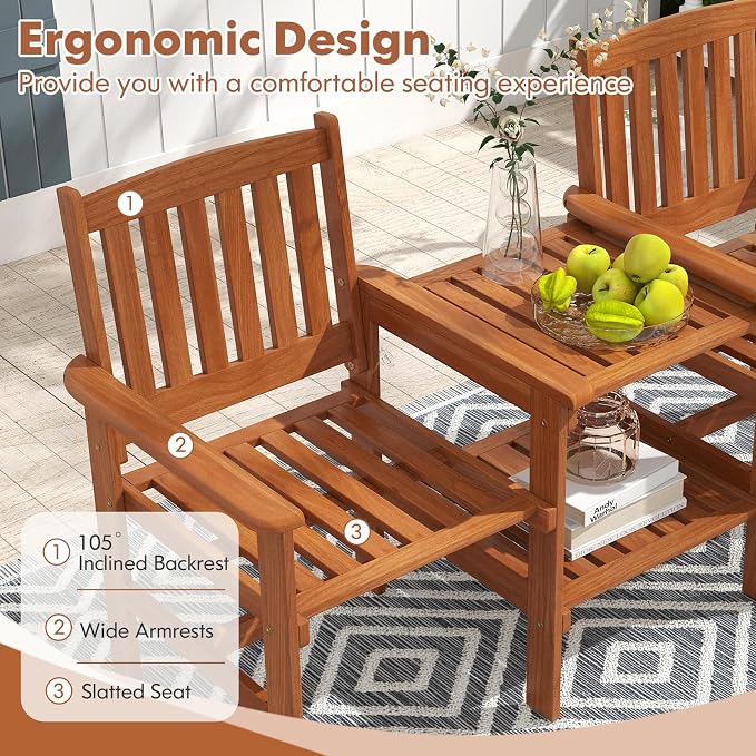 Tangkual Outdoor Wood Bench Loveseat with Built-in Table with1.57 Umbrella Hole, 2-Seater Outdoor Patio Furniture Set for Porch, Deck, Garden and Backyard