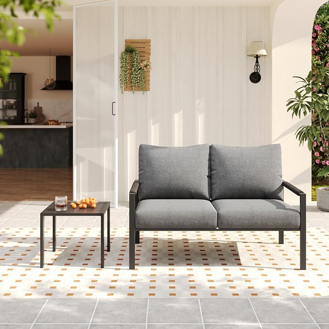 2 Pieces Rattan Outdoor Furniture Set, All-Weather Patio Loveseat with Dark Grey Cushions and Coffee Table for Garden, Backyard, Balcony, Poolside