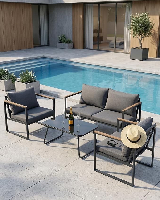 4 Piece Patio Furniture Set,Metal Outdoor Furniture Couch with Clear Tempered Glass Coffee Table,All Weather Patio Conversation Sets with Loveseat & Grey Washable Cushions for Balcony,Porch