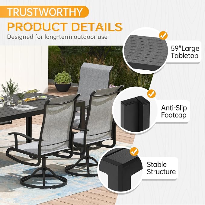 PIZZELLO 5-Piece Outdoor Patio Dining Set with 4 Swivel Patio Chairs and 59"x 35" Rectangular Dining Table, All Weather Patio Dining Furniture Set for Backyard, Garden, Deck and Poolside