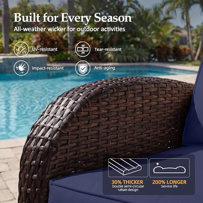 UPHA 6 Pieces Patio Furniture Sets, Wicker Outdoor Sofa Set with Loveseat & 3-Seat Couch, Swivel Chairs, Patio Conversation Set for Deck Backyard Garden, Brown Rattan, Navy Blue Cushion
