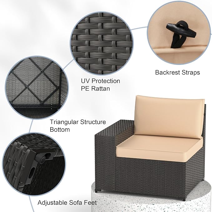 Patio Furniture Set, 6PCS Outdoor Sectional with Ottoman Wicker Rattan Patio Couch with Thickened Cushion Modular Wicker Patio Conversation Set with Glass Top Table for Balcony, Backyard(Kakhi)