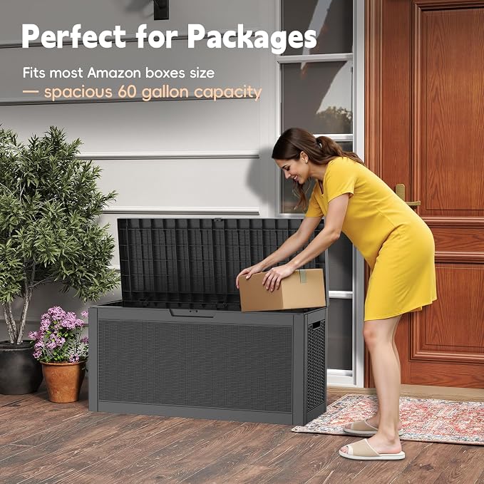 LubanNese Outdoor Storage Box, Waterproof Deck Box, Outdoor Patio Storage Bin, Weatherproof (Black, 66 Gallon with Seat)