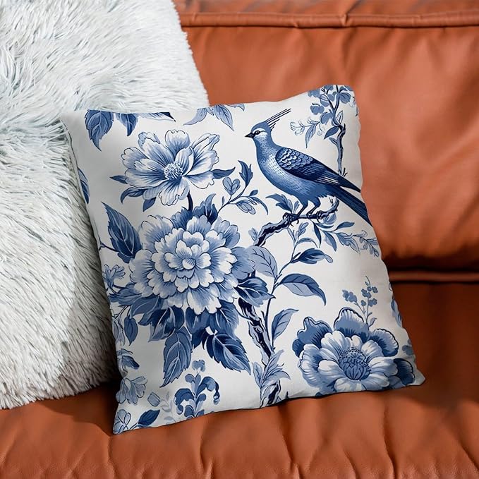 Pillowcase Blue Indigo Floral Chinoiserie Pillow Covers Retro Asian Navy Lotus Bird Pillow Cover Accent Outdoor Garden Decoration for Patio Couch Sofa Office 26x26 in