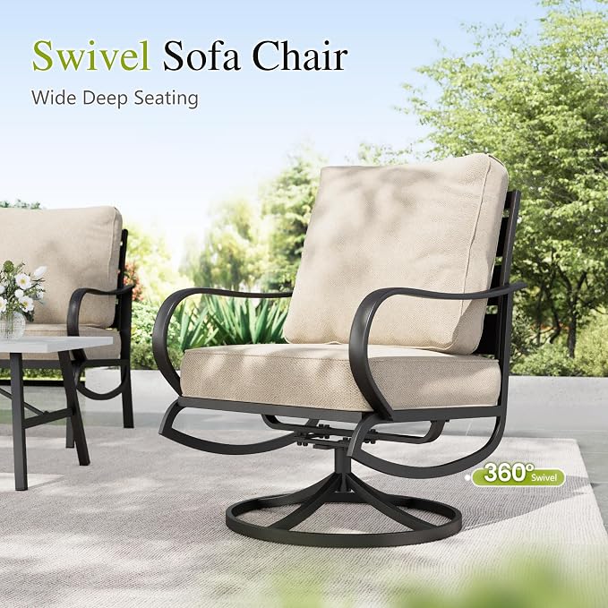 Sophia & William Patio Furniture Sets with 45" Gas Fire Pit Table Outdoor Metal Conversation Sets for 5, 2 x Swivel Cushioned Patio Sofa Chairs, 1 x 3-Seat Sofa 4 Pieces for Lawn Backyard Beige