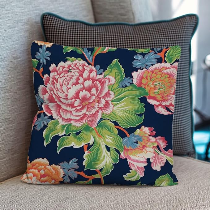 Floral Bright and Cheery Chinoiserie Throw Pillow Covers Pink Coral Peony on Navy Cushion Cover 18x18 INAbstract Accent Outdoor Garden Decoration for Patio Tent Couch