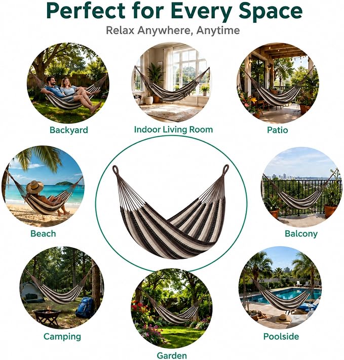 Hammock for 1-2 Person, 475 lbs Capacity–Handwoven Mexican Hammock, 100% Soft Cotton–9.8 ft Mayan Hammock for Patio, Backyard, Indoor & Camping–Medium, Coffee (Coffee, Medium)