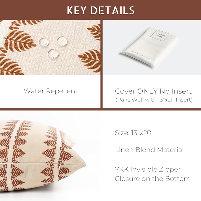 Crumbs Home Modern Farmhouse California Casual Indoor Outdoor Lumbar Pillow Cover, 12"x20" Water Repellent for Patio, Backyard, Couch, Poolside, Earth Tone Rust Orange Neutral Print Leaves Stripes