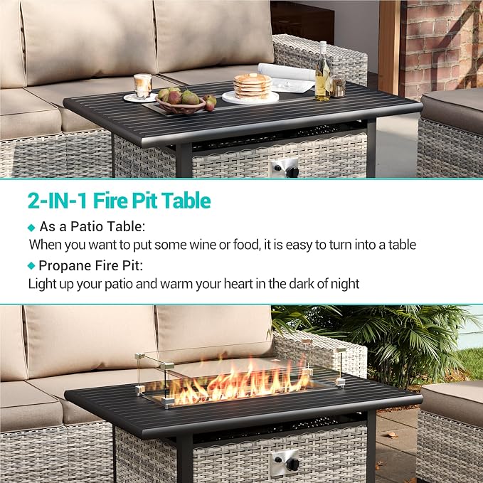 14-Piece Outdoor Patio Furniture Set with Rocking Swivel Chair, Wicker Rattan Sectional Sofa Conversation Set with 55,000 BTU Fire Pit Table, Backyard Furniture, Beige