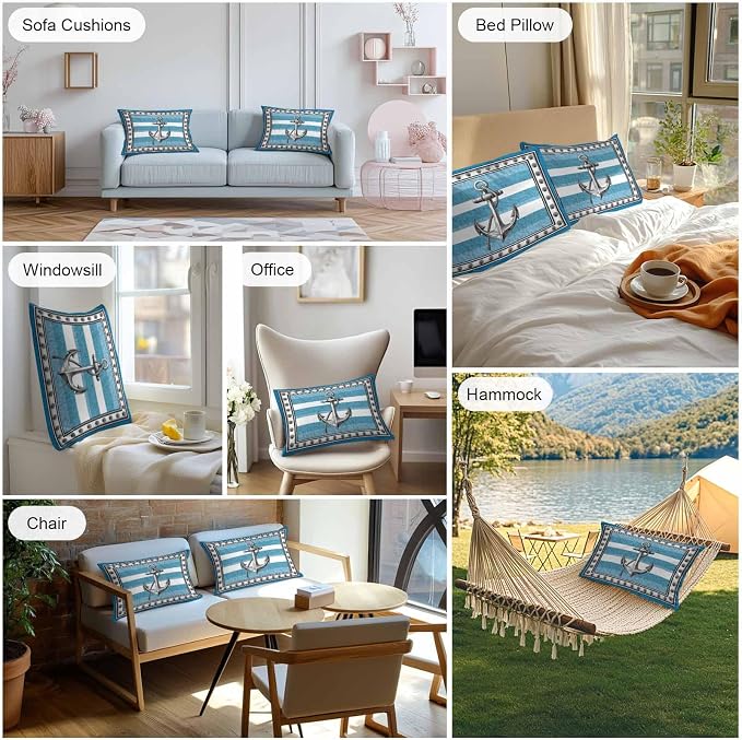 Summer Boat Anchor Outdoor Waterproof Pillow Covers Set of 2, Nautical Ocean Shells Anchor Blue White Stripe Pillowcase Decorative Throw Cushion Cases for Patio Garden Couch 20 x 12 Inches
