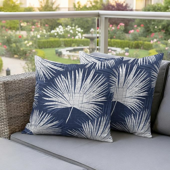 Throw Pillow Covers 18x18 Inch Set of 2, Navy Blue Palm Leaves Coastal Waterproof Outdoor Pillow Covers, Summer Tropical Botanical Decorative Cushion Pillowcases for Couch, Sofa, Bed, Garden, Patio