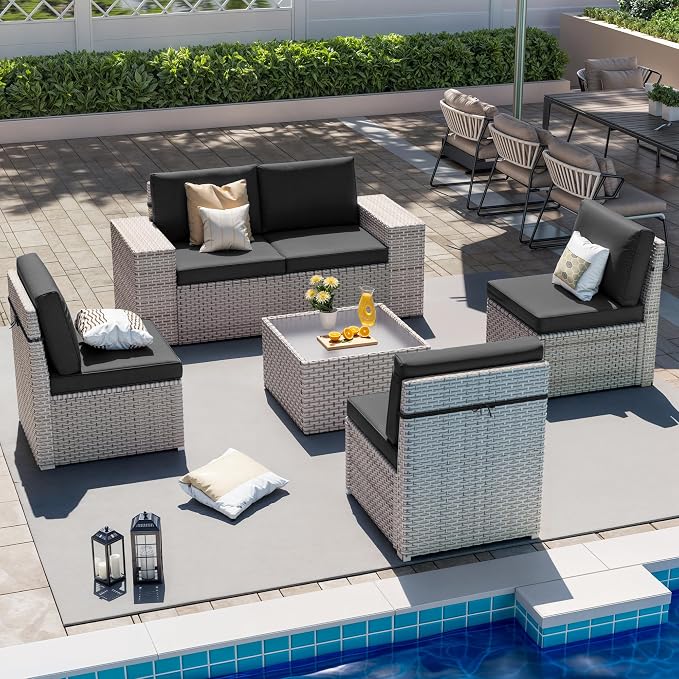 6 Pieces Patio Furniture Set, Outdoor Sectional Wicker Sofa with Thickened Cushions and Coffee Table, High Back Rattan Patio Conversation Sets for Garden Backyard, Black