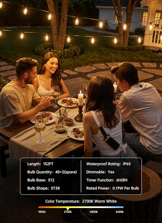 Minetom 152FT Outdoor String Lights with Remote, ST38 Patio Lights Dimmable | Waterproof LED Christmas Lights with 3 Modes, Shatterproof Connectable Outside Lights for Backyard Porch Deck Garden Decor