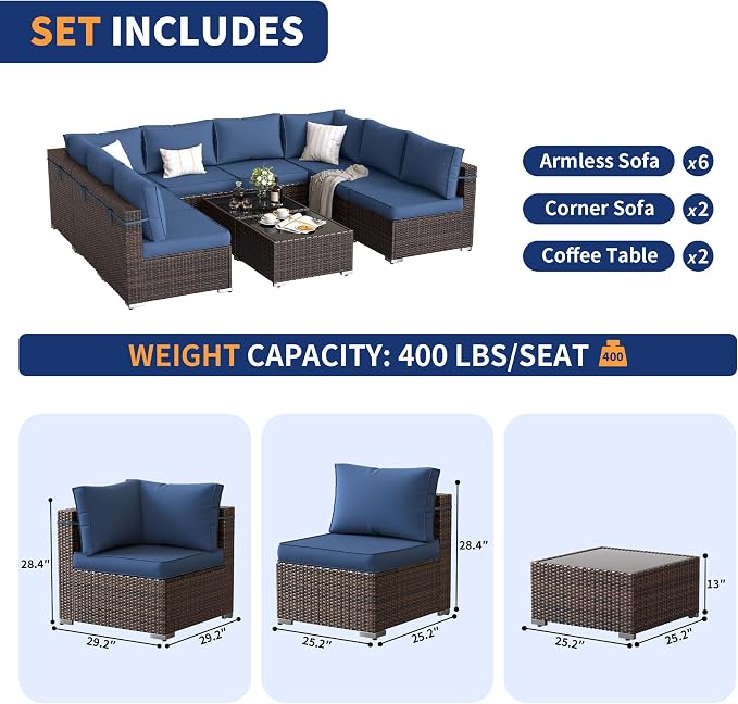 Patio Furniture Set, Modular 10-Piece Patio Conversation Sets with Coffee Table, All-Weather Wicker Outdoor Sectional for Backyard and Balcony, Navy (Waterproof Covers Included)
