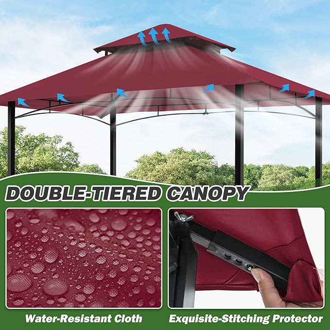 GARTOO 8'x5' Outdoor Grill Gazebo - Double Roof BBQ Gazebo Canopy with 2 Side Shelves and LED Lights, Patio BBQ Pergola Shelter for Garden, Porch and Backyard (Red)