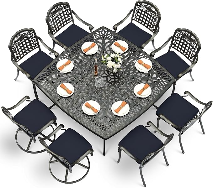 VIVIJASON 9-Piece Outdoor Dining Set, Cast Aluminum Patio Table & Chair Furniture Set for 8, Include 64" Square Dining Table, 2 Swivel Rocker Chairs, 6 Stationary Chairs, Umbrella Hole, Navy Blue